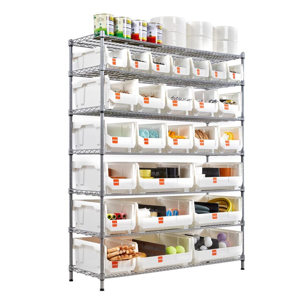 7patrový pojízdný regál na úložné boxy, 26 organizačních boxů, Regál na boxy, Ocelový drátěný úložný systém s kolečky, Mobilní organizér na nářadí do garáže,