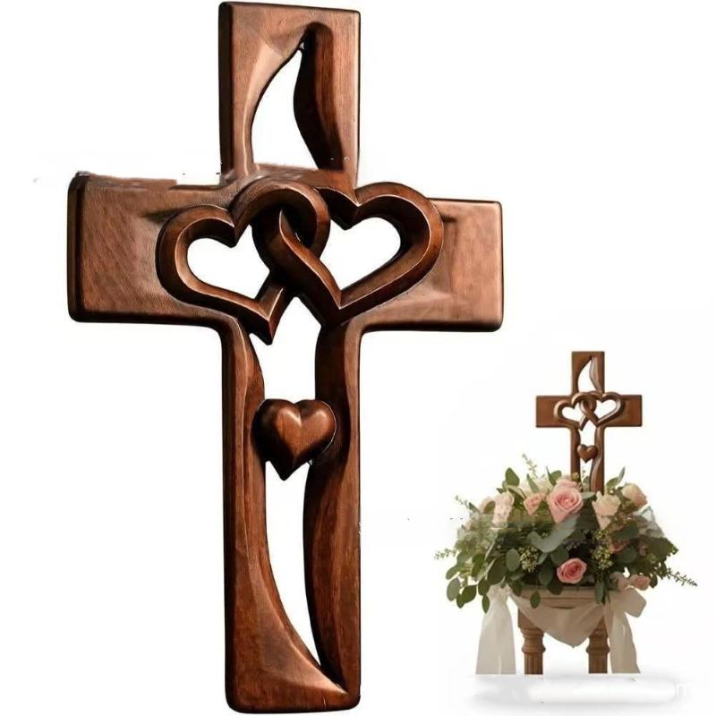 Hand-Carved Intertwined Hearts Cross Wall Decoration Rustic Wooden Double Hearts Cross Wall Sculpture Religious Decor