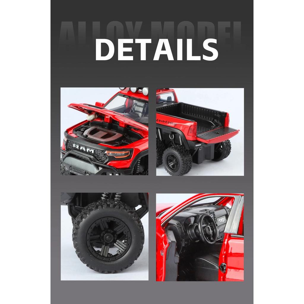 1/32 DODGE Tyrannosaurus RAM Alloy Pickup Camper Van Car Model Diecasts Metal Off-road Vehicles Car Model Sound Light Kids Gifts