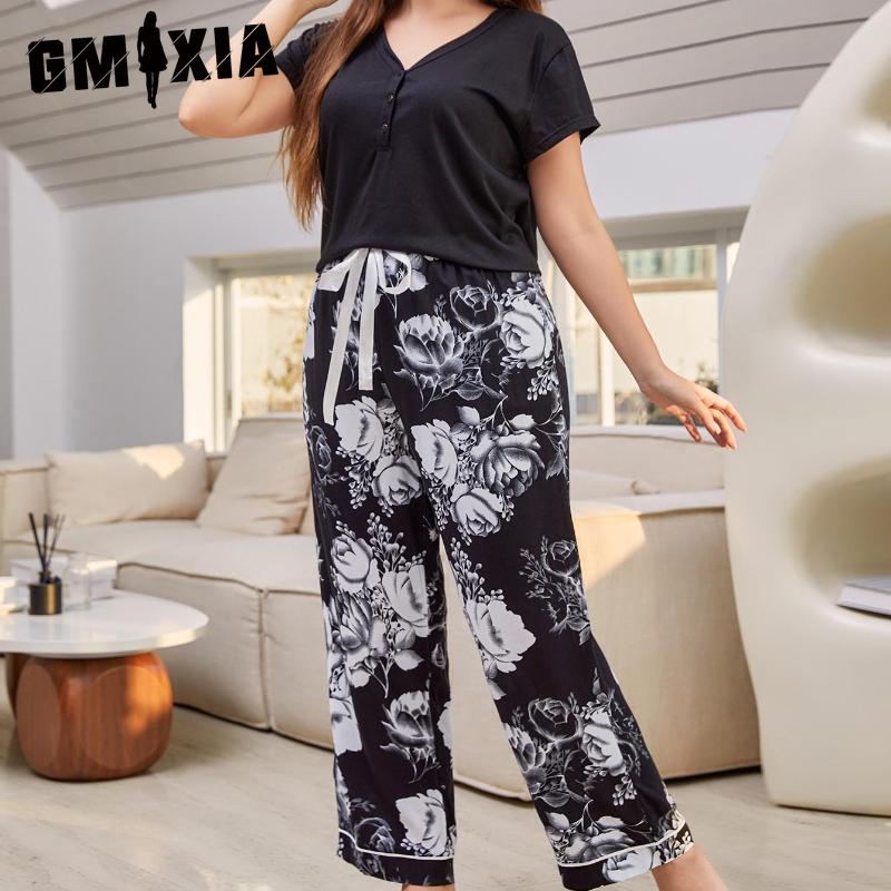 

GMXIA Пижама большого размера женская весенне-летняя с коротким рукавом и брюками, большого размера, домашняя одежда XXXXL белый/чёрный