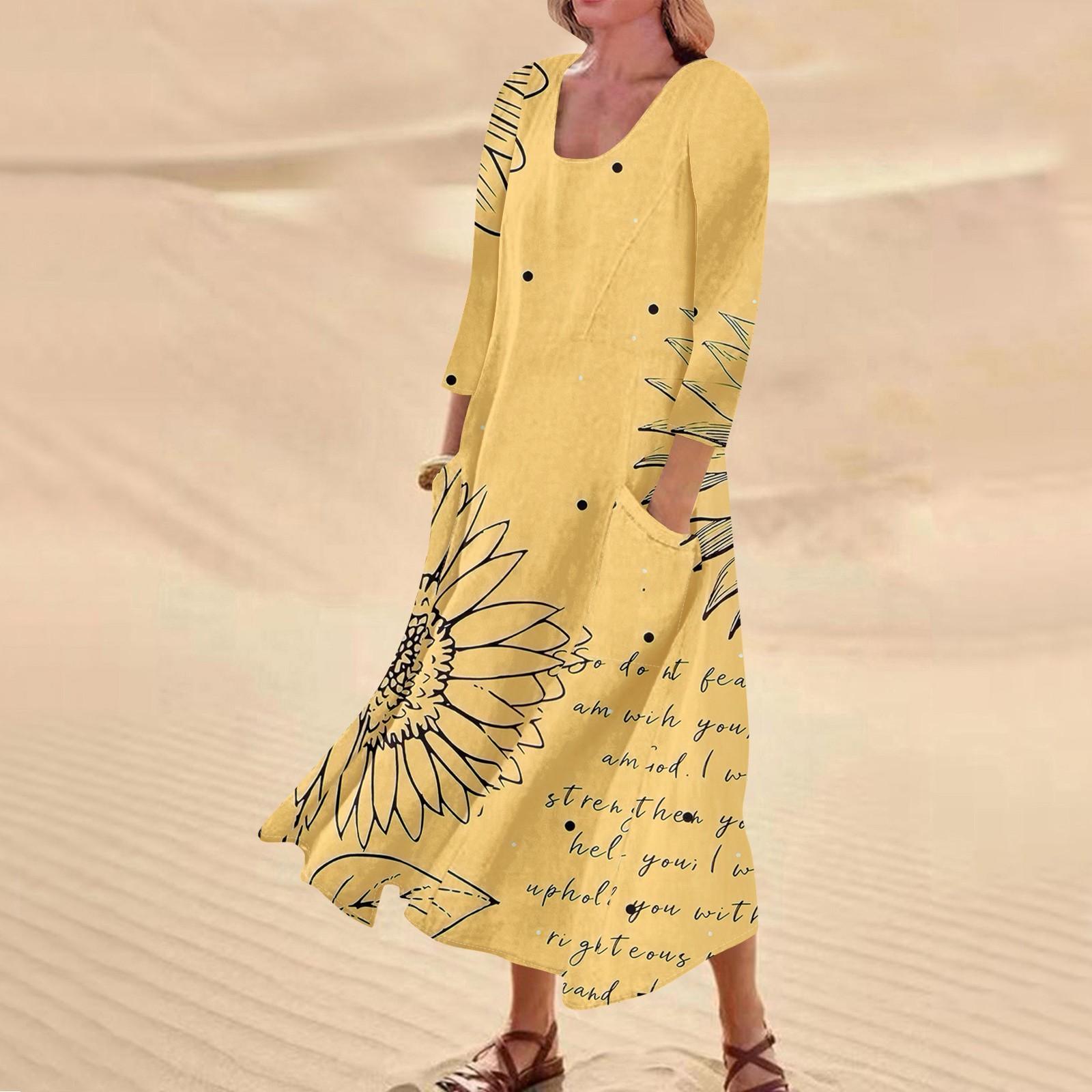 

Женское повседневное удобное хлопковое платье с карманами и рукавами три четверти XL жёлтый