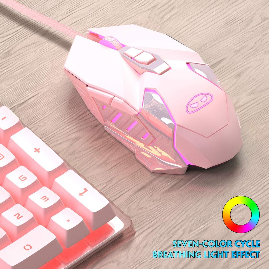 MageGee G10 Gaming Breathing LED 6 Adjustable DPI Settings To 3200 Ergonomic Optical Computer 7 for Windows PC Pink Mouse, Wired, 7-Color Backlight,