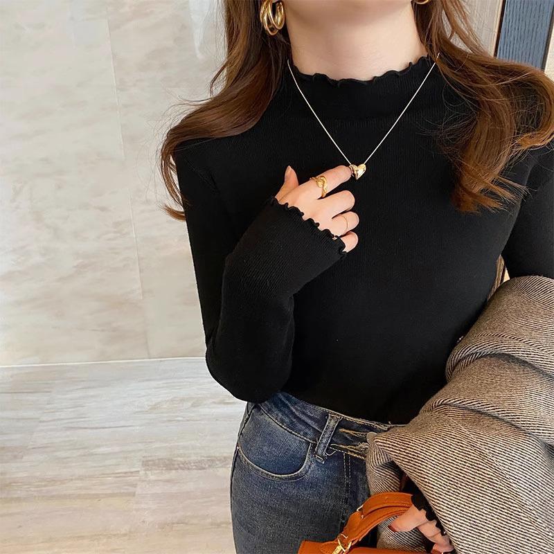 Women's Slim Fit Black Modal Long-Sleeve Mid-Neck Top for Autumn/Winter