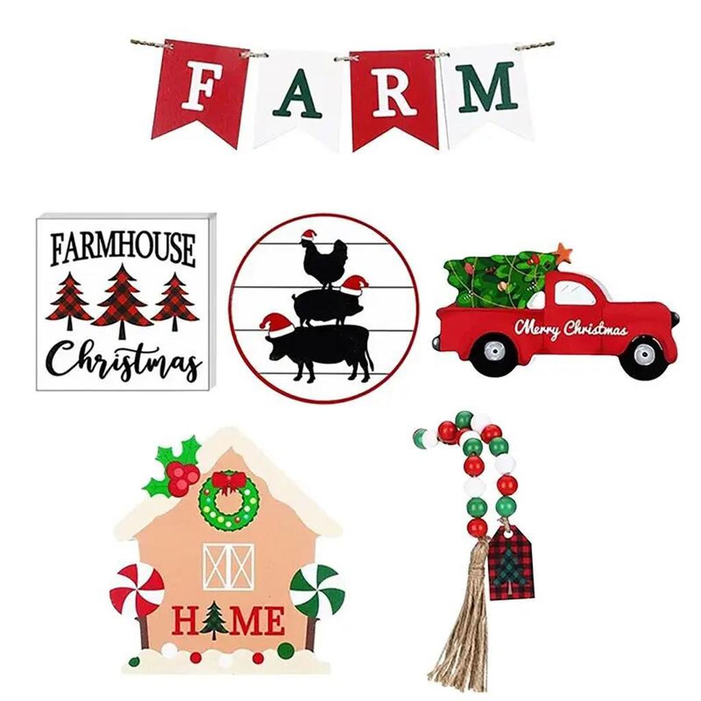 Christmas Farm Layered Tray Decors Set Farmhouse Wood Decorative Ornaments Country Tray Tiered Decorations New Year Gift