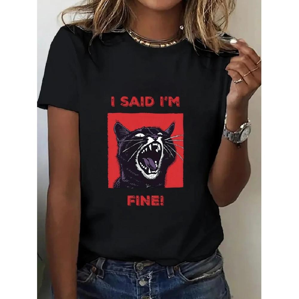 

Black cat and letter print short-sleeved T-shirt casual and versatile style suitable for summer daily wear and going out S