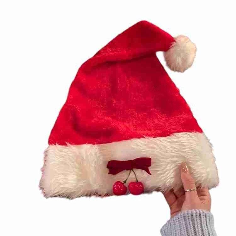 Red Cherry Bow Atmosphere Christmas Hat Winter Girl Black Plush Photo Prop
