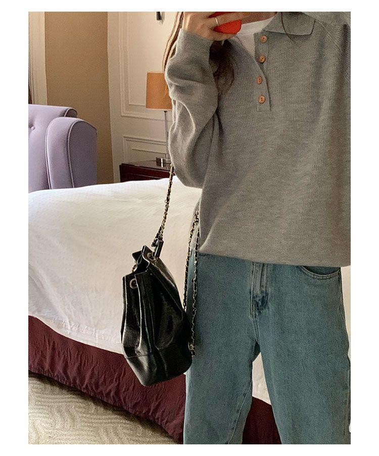 Women's Retro Polo Neck Grey Long Sleeve Knitwear - Soft Loose Fluffy Wool Sweater for Spring 2026.