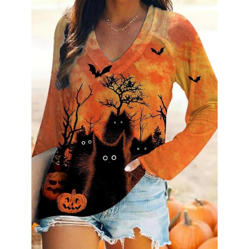 Spring and Autumn V-neck 3D Halloween Printed Top Fashionable Casual Long Sleeved Women's T-shirts