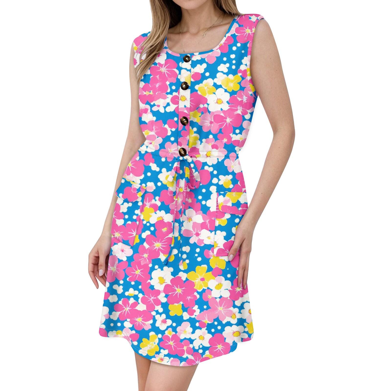 

Женское модное платье без рукавов с круглым вырезом, напечатанным декоративными пуговицами, двойным карманом, на шнуровке XXL