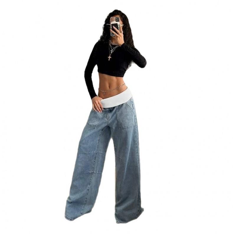 Womens High-Waisted Wide-Leg Denim Pants 2026 Retro Streetwear Cropped Flare Jeans Loose Fit Long Trousers