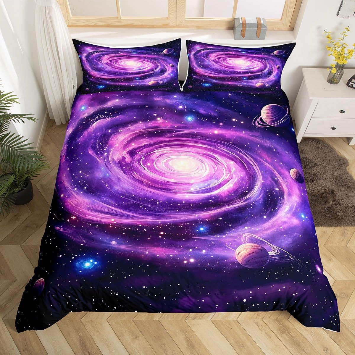 Housse de couette double Queen Espace Extérieur Galaxie, Ensemble de literie Planète Univers pour Garçons Adolescents, Housse de couette Thème Astronaute Ciel Étoilé EU Single(135x200cm)