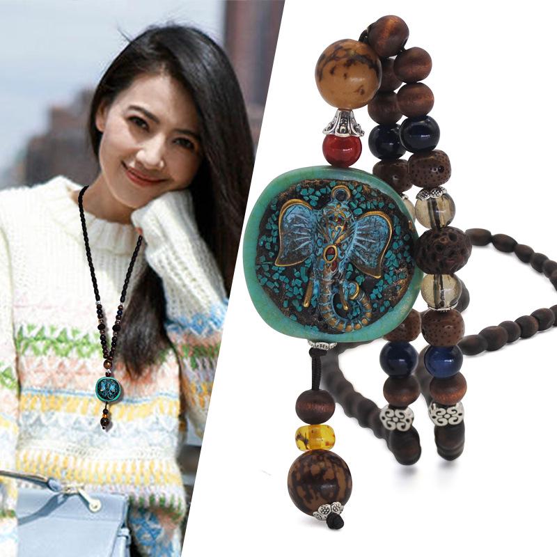 Collier pendentif éléphant rétro personnalisé avec des perles de graines de Bodhi pour femmes