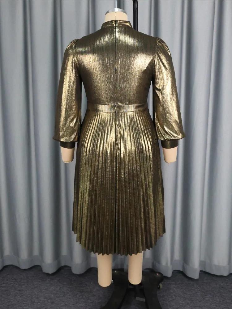 Elegant Gold A Line Pleated Dress Half High Neck Long Lantern Sleeve Casual Office Wear Midi Dress Women Vintage Party Outfits