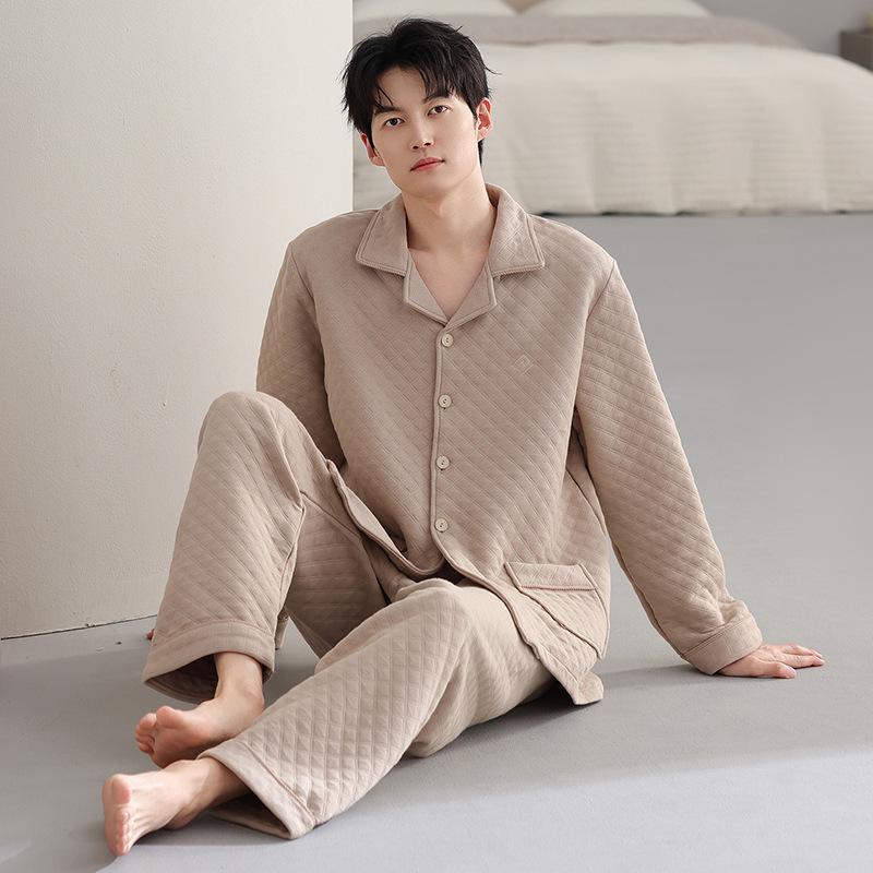 Pajamas Men'S Autumn And Winter Thickened Pure Cotton Long Sleeve Air Cotton Interlayer Homewear Winter Warm Large Size Cotton Set