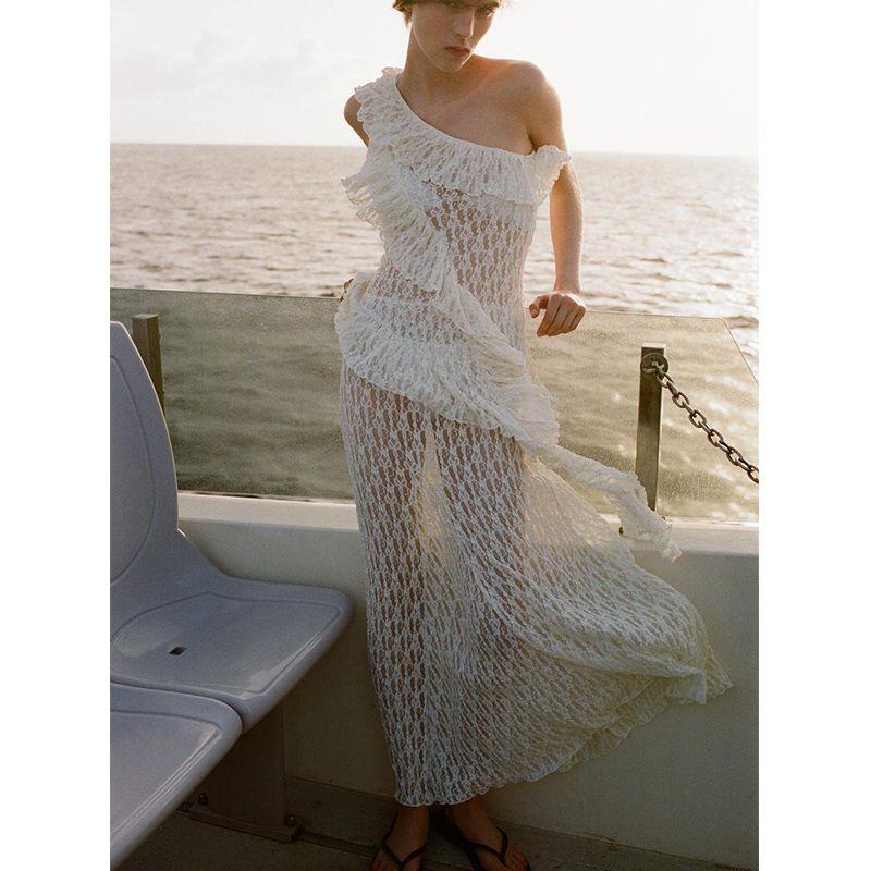 Lace Asymmetric Design Tops 5584365 Lace Translucent High Waist Simple Dress 5584366