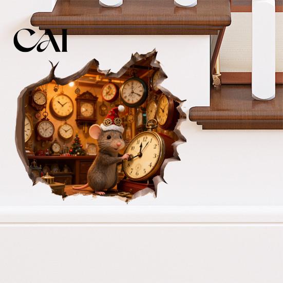 Waterproof Wall Sticker 3D Christmas Mouse Hole Sticker, PVC Decal, Creative Festive Gift for Friends Scene Easy Apply Holiday Living Room And Bedroom