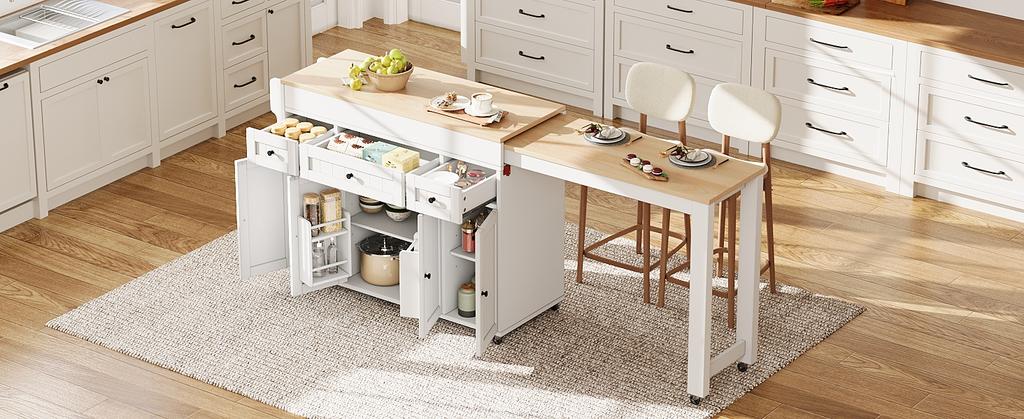 Kücheninsel auf Rädern, Ausziehbarer Essbereich mit Gewürzregal und Schubladen, Mobil Freistehend, Ideal für Küche und Esszimmer (Weiß)