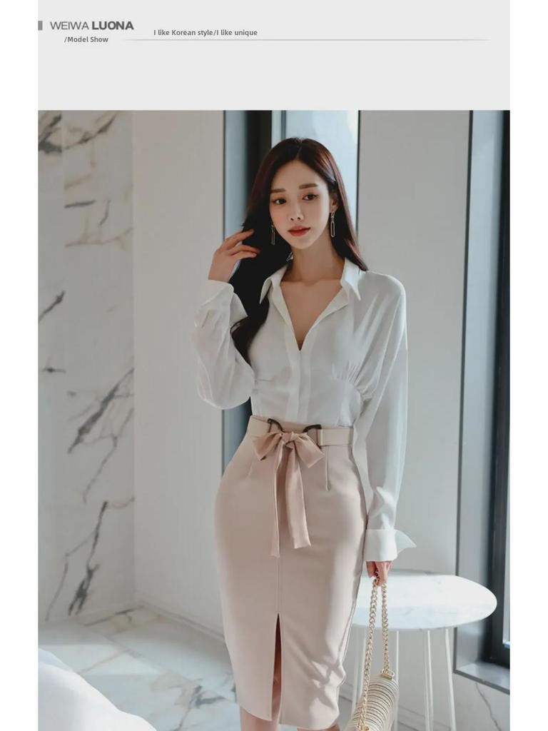 2025 Spring Korean Style Women's Two-Piece Set: Celebrity Fashion Slim Fit Hip Wrap Skirt