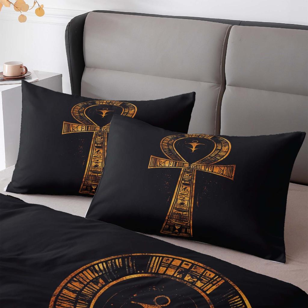 3-teiliges ägyptisches Ankh-Kreuz Bettbezug-Set Schwarz Gold Digitaldruck Polyester Bettwäsche mit Kissenbezügen Reißverschluss