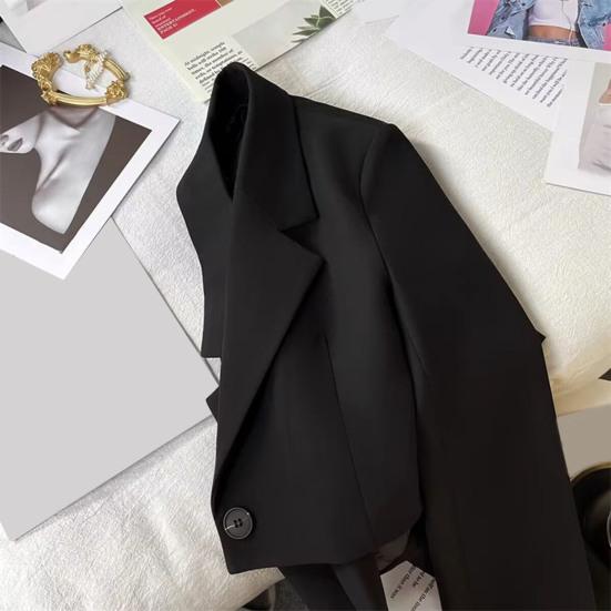 Women Short Suit Coat Lapel Long Sleeve Single Button Suit Jacket Solid Color Loose Fit Casual Business Style Suit Coat