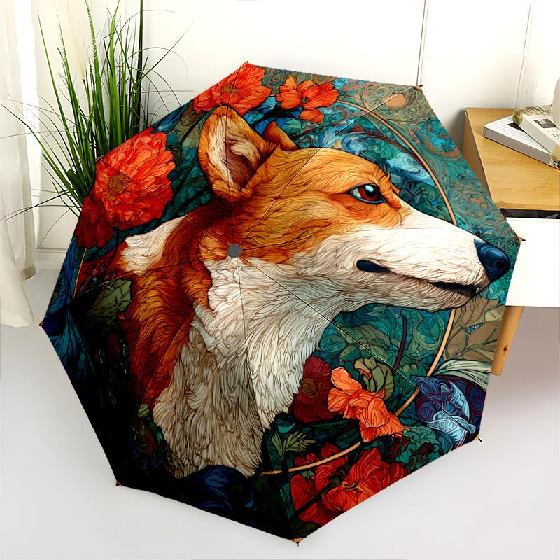 0106 Floral Dog  pattern, automatic folding umbrella, portable and foldable design, 8 ribs, a Christmas or birthday gift.