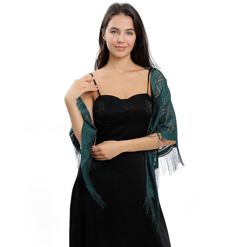 Women's Triangle Lace Shawl with Tassels Waved Shoulder Wrap Shawl Scarf for Bridal Gowns and Evening Parties