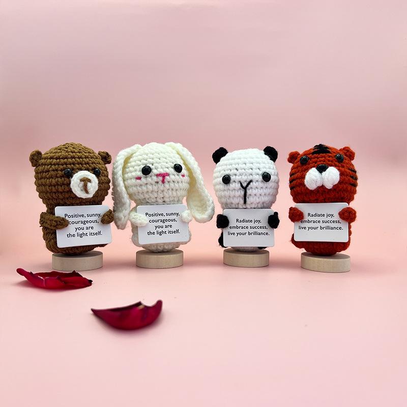 Mini Cute Positive Energy Bear Hug Pocket Dolls Handmade Wool Animal Knitting Desktop Ornaments Christams Gift Home Room Decor