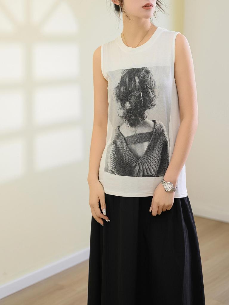 Letnia Bezrękawnikowa Kamizelka z Okrągłym Dekoltem i Nadrukiem z Modal