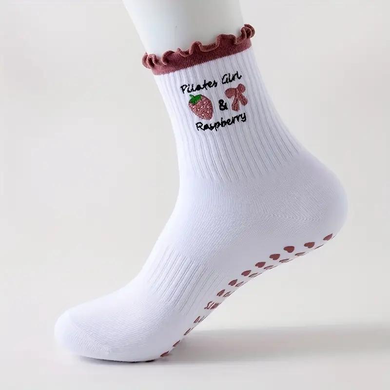 1 Pair Women'S Embroidered Prima Socks - Non-Slip Yoga & Pilates Socks Comfort Fit for All-Season Indoor Workouts