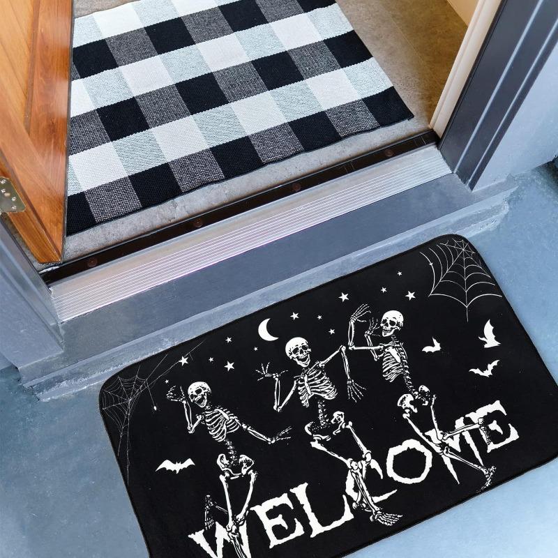 Halloween Scary Skeleton Gesture Print Welcome Carpet Mat Rug Skull Rose Border Non-Slip Indoor Outdoor Home Decoration