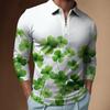 Clover Print Long-sleeve Zip-up Polo Shirt, Stylish Casual Everyday Top.
