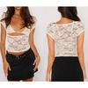 Women's Lace Tops Vintage Cap Sleeve Low Cut Slim Fit T-Shirts + Sleeveless Bralette Set Summer Clothes