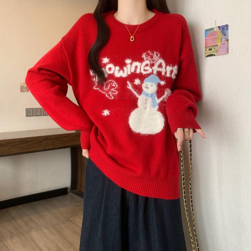 

Christmas Snowman Pattern Red Knit Sweater Plus Size Women Thick Winter Tops XXXL червоний