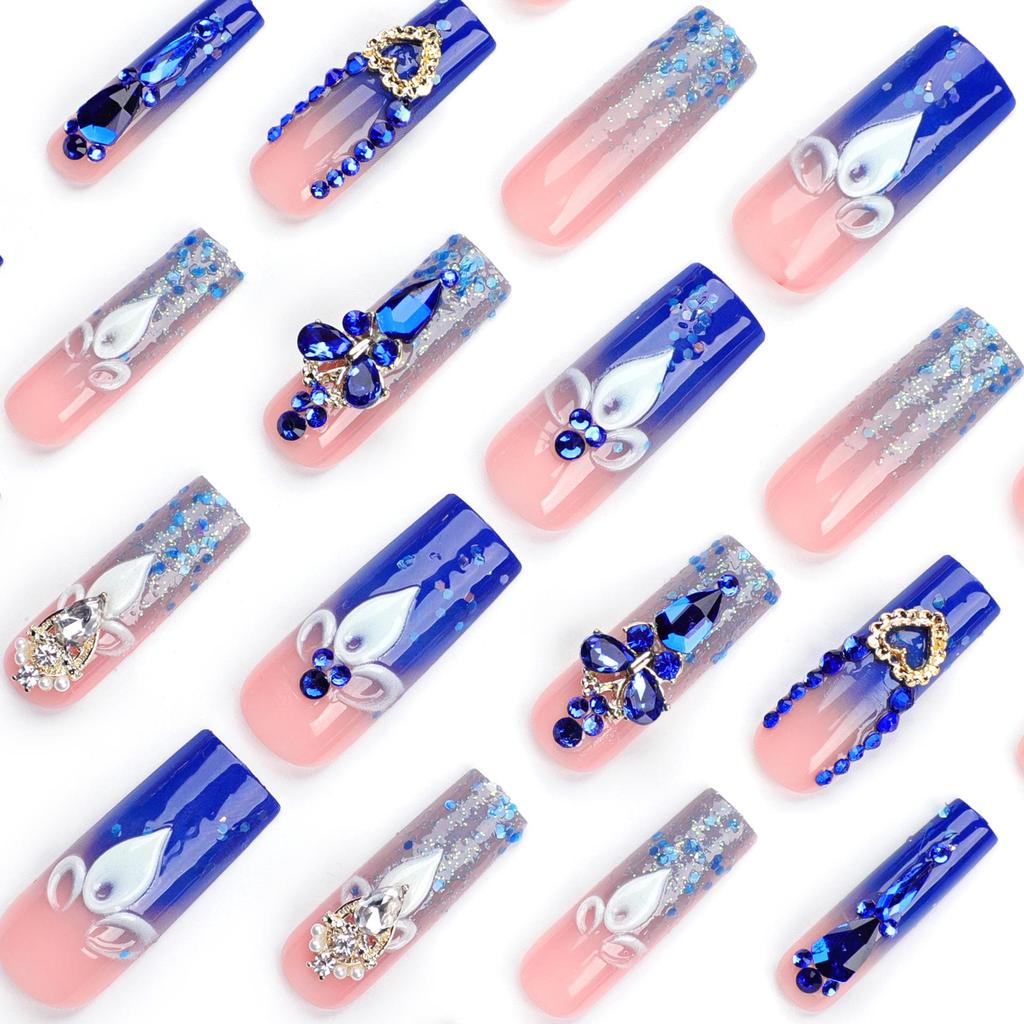 French Flash Diamond Wearable Nails - Pipe-Shaped Rectangular Fake Nail Tips