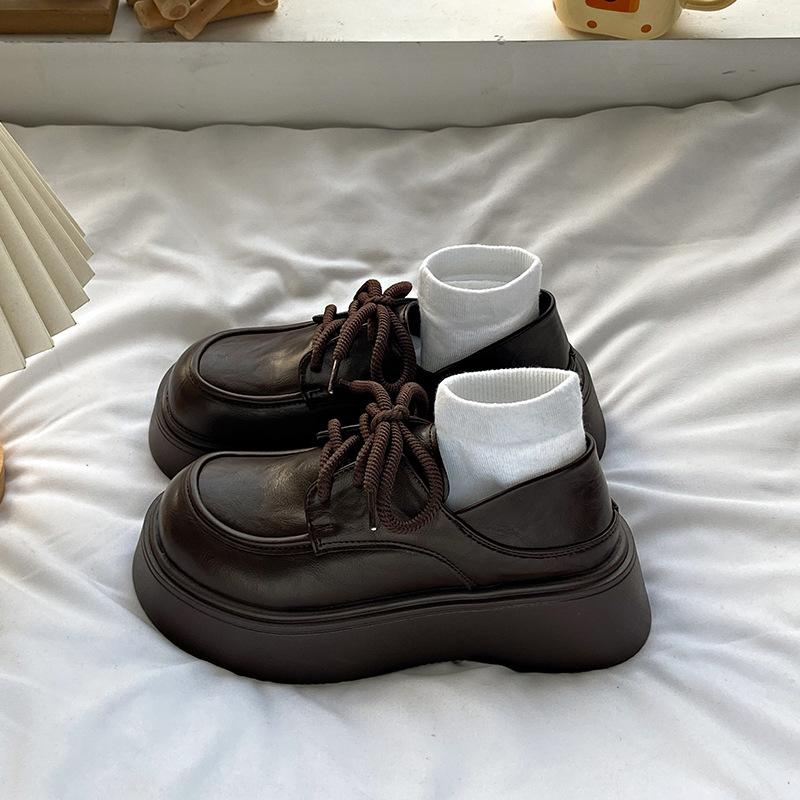 Retro British Style Lace-up Single Shoes Loafers 2025 Black Platform Small Leather Shoes Women's Muffin Versatile Spring New Models