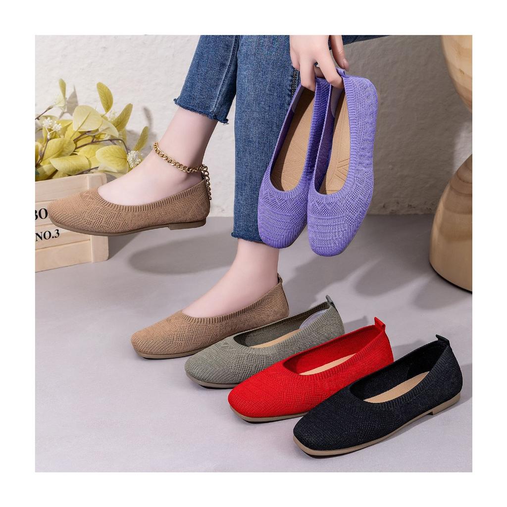 Women's Woven Flat Casual Shoes, Solid Color, Home and Outdoor, Fly Woven Breathable Single Shoes, Soft Sole Flat Shoes, Square Toe Casual Shoes