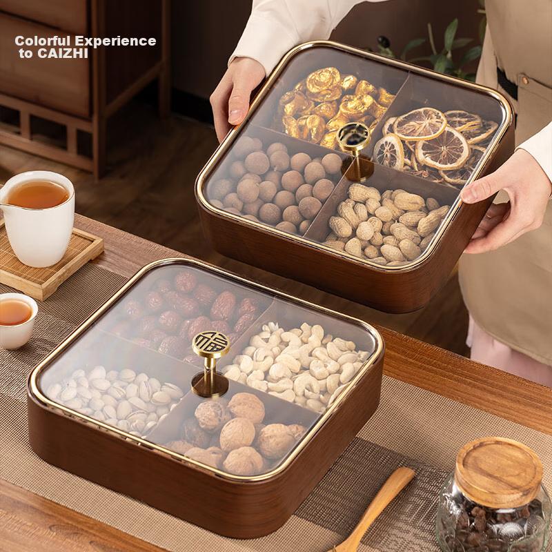 CAIZHI Dried Fruit Plate, Fruit Bowl, Living Room High-End Wood-Like Nut Snack Box, Candy Storage Container, 4-Compartment Fruit Plate CZ6867