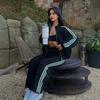 Womens Loose Fit Colorblock Hooded Open-Front Sweater Set With Long Pants Streetwear Casual Outfit 2026