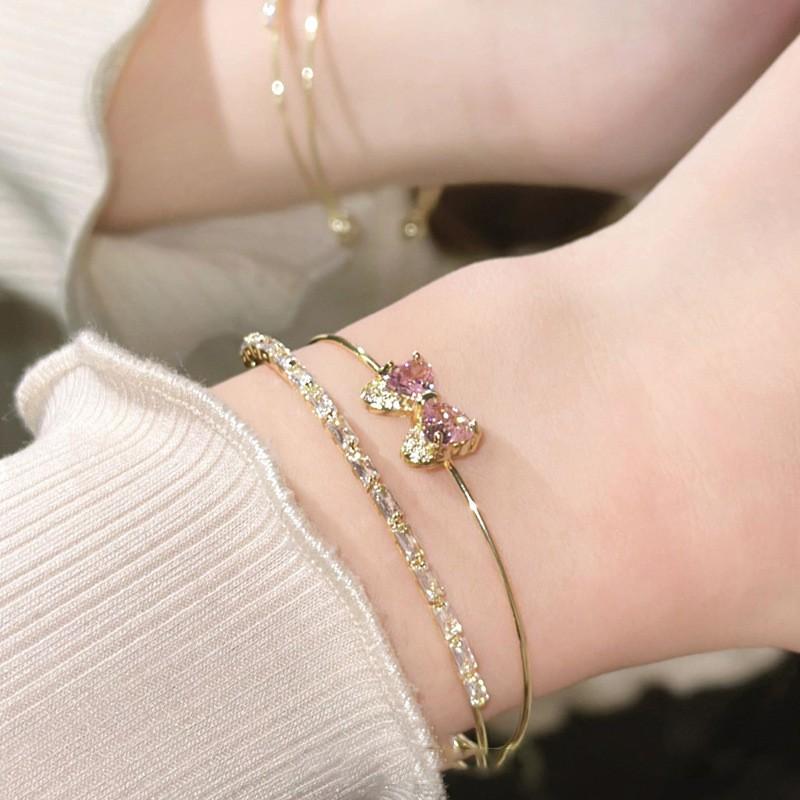 Zirconia Bow Double Layer Open Bangle Bracelet Women Sweet Chic Minimalist Fashion Jewelry