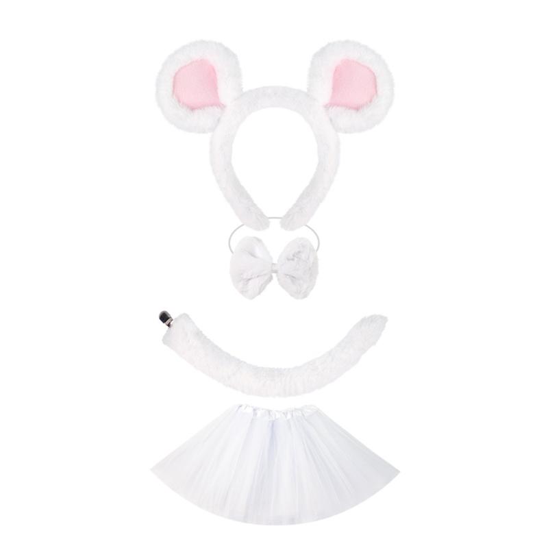 Set di Accessori Costume da Topo 1/3/4 Pezzi Costume di Halloween Costume da Vestire Orecchie da Topo Fascia Coda Gonna Tutù per Bambini Bambine