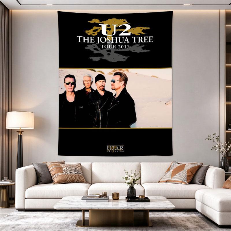 U2 Joshua Tree Tour 2017 black poster with the Joshua tree silhouette and a band photo below on white sand, vivid retro, Room Decor Accent