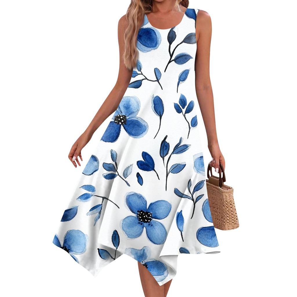 Women's Casual Fashion Round Neck Sleeveless Vintage Floral Print With Irregular Hem Mid-length Dress