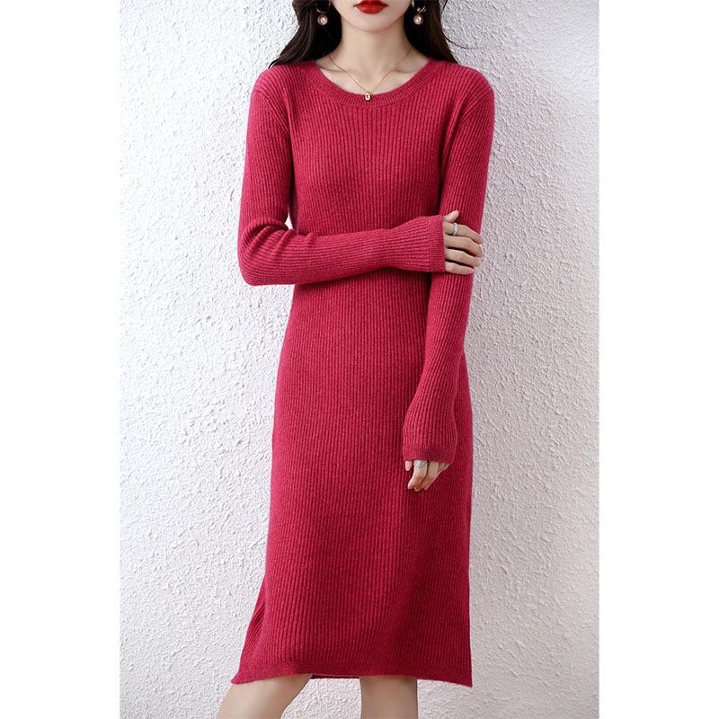 Women's Medium Slim Cashmere Wool Knee-Length Knit Dress - Round Neck, Autumn/Winter Base Layer