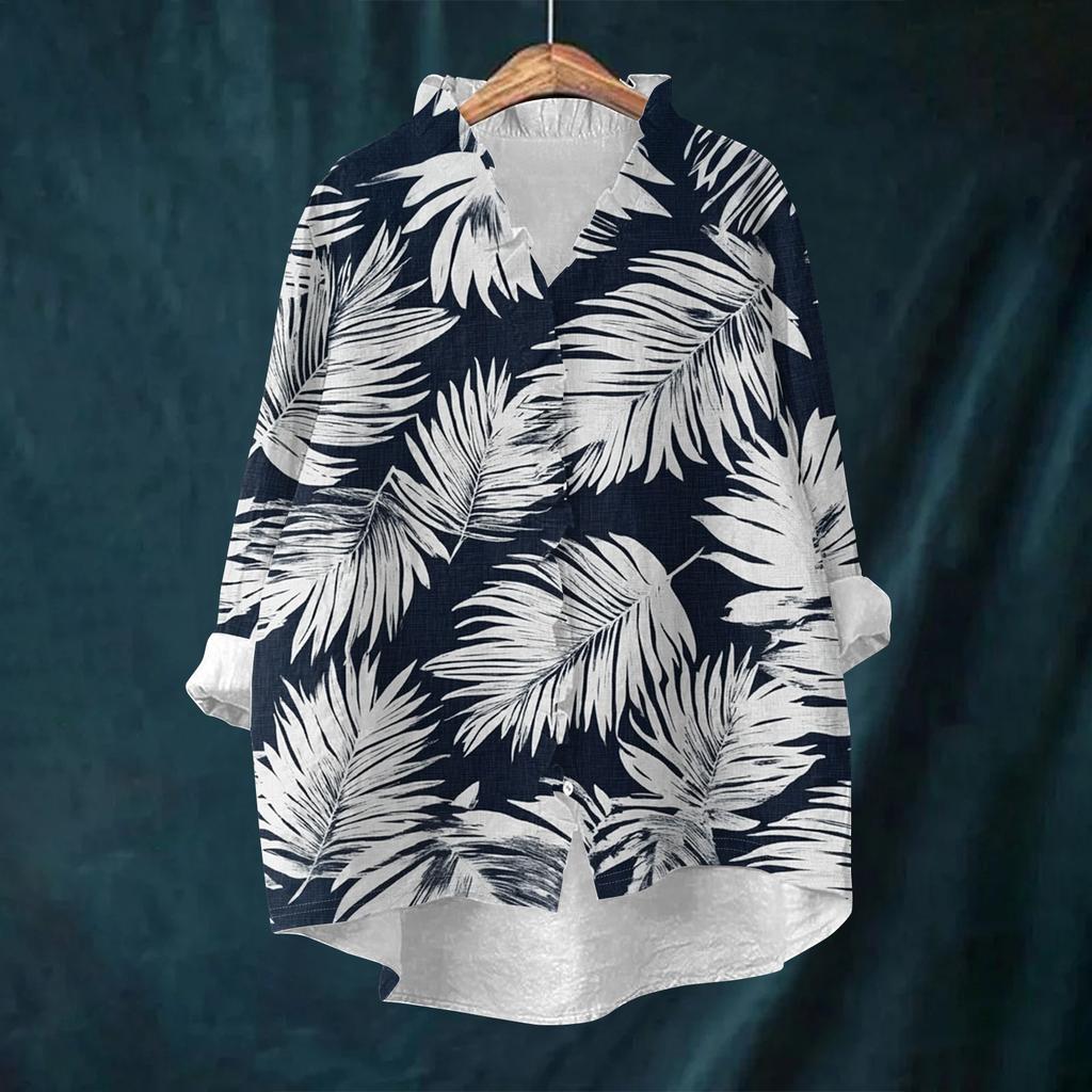 Women's Loose Ruffled Retro Floral Print Stand Collar Long Sleeve Cotton And Linen Top