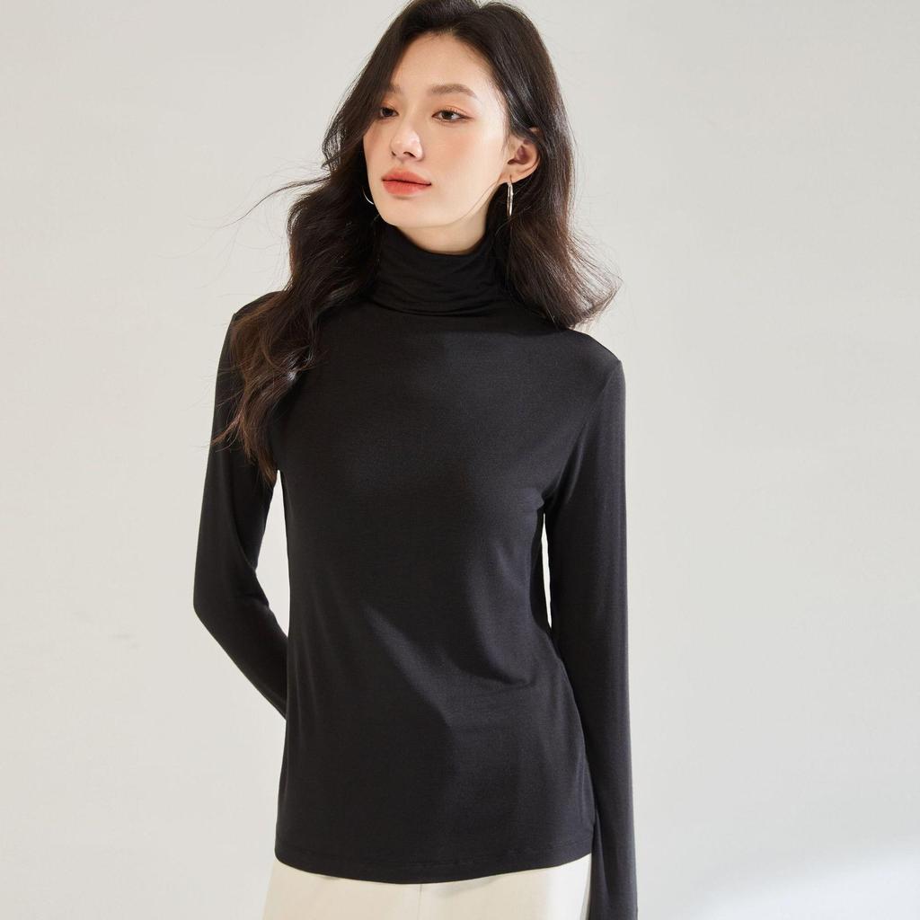 Women's Lightweight Silky High Neck Wool Blend Long Sleeve T-Shirt - Autumn Collection