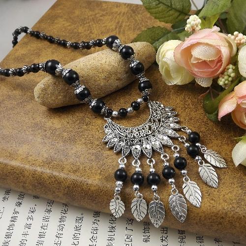 Bohemian Etnický Styl Přírodní Kámen Tyrkysy Náhrdelník Slitinový Přívěsek Kovový Peříček Střapec Náhrdelník Zirkonové Doplňky Ženský