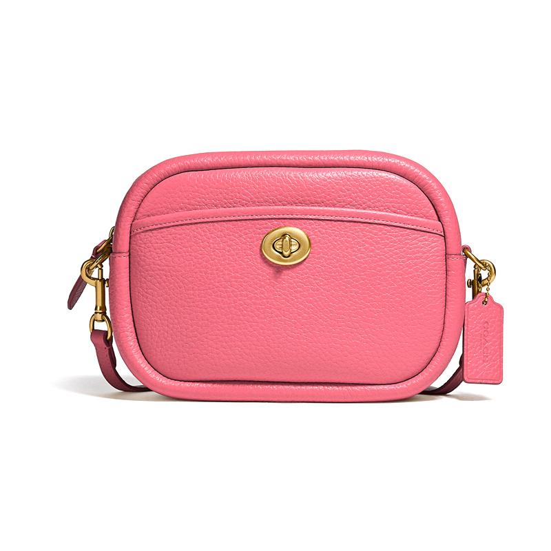 

COACH Camera 23 solid color detachable shoulder strap zipper leather camera bag shoulder crossbody bag women s candy pink рожевий