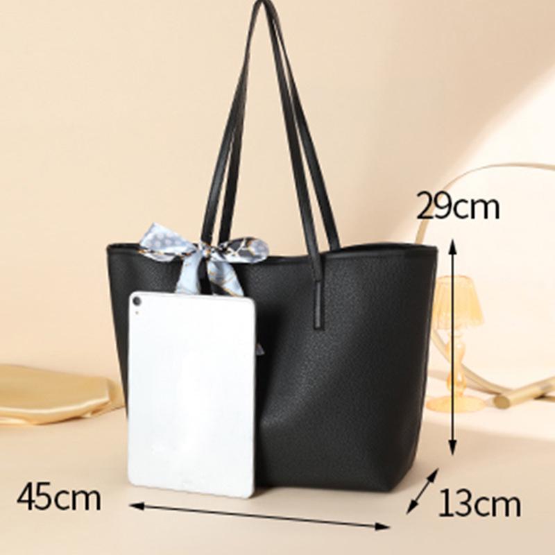 Litchi Grain Shoulder Tote: 2026 Fashionable Large-Capacity Solid Color with Scarf Decor for Women