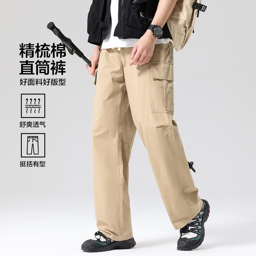 100% cotton workwear outdoor multi bag elastic waist drawstring pure cotton straight leg pants men's casual pants