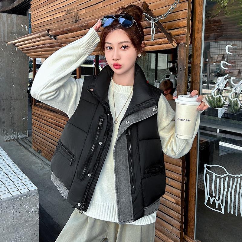 New Korean Version Loose Cotton Vest Denim Splicing Stand Collar Autumn and Winter Cotton Vest Vest Down Cotton Vest Women's Outer Wear